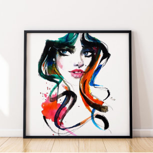 Abstract Watercolor Ink Portrait Colorful Makeup Poster