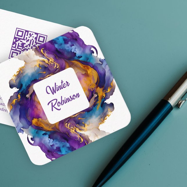 Abstract watercolor ink QR Code Square Business Card (Luxury and artsy design )