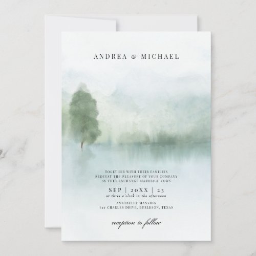 Abstract Watercolor Lake and Trees Wedding Invitation