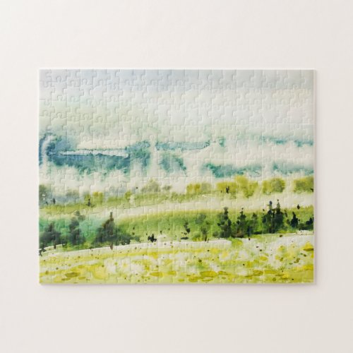 Abstract Watercolor Landscape Green Blue Jigsaw Puzzle