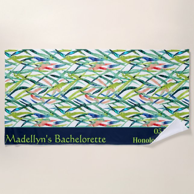 Abstract Watercolor Leaf Wedding Modern Monogram  Beach Towel (Front)