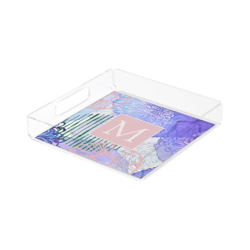 Abstract Watercolor Marine Flora Art Monogram Acrylic Tray