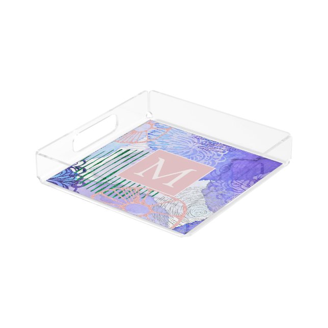 Abstract Watercolor Marine Flora Art Monogram Acrylic Tray (Angled)
