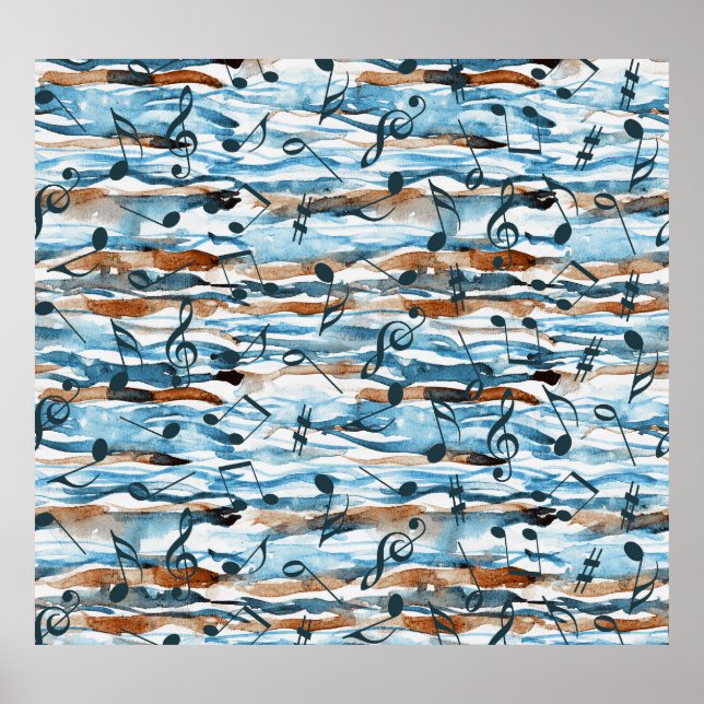 Abstract watercolor music notes pattern. poster (Front)