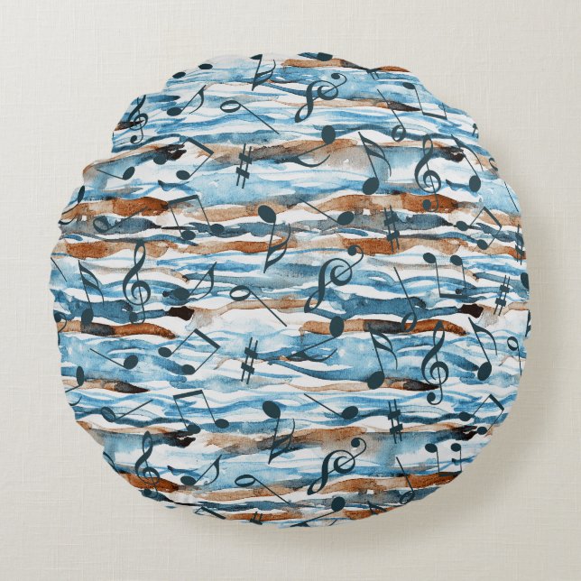 Abstract watercolor music notes pattern. round pillow (Front)