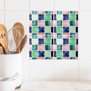 Abstract Watercolor Navy Green Coral Block Pattern Ceramic Tile