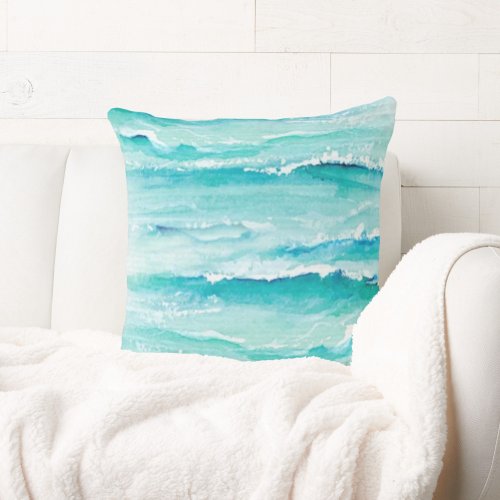 Abstract Watercolor Ocean Waves Coastal Throw Pillow