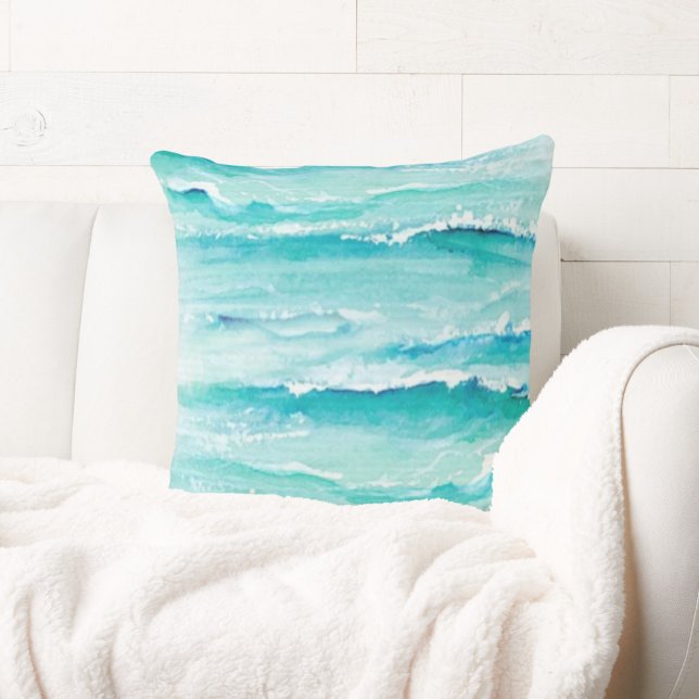 Abstract Watercolor Ocean Waves Coastal Throw Pillow (Creator Uploaded)