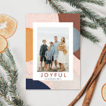 Abstract Watercolor Painted Shapes Boho Photo Holiday Card<br><div class="desc">This modern holiday photo card features a painted watercolor frame in shades of pale pink, dusty blue, rust, and navy. The greeting on the front of the card says "Joyful" in a modern sans serif font, it can be customized with your own text. This design accommodates a single vertical photo...</div>