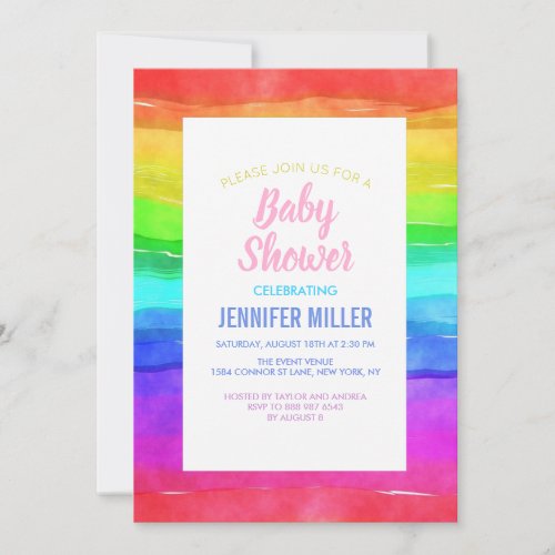 Abstract Watercolor Painted Stripes Rainbow       Invitation
