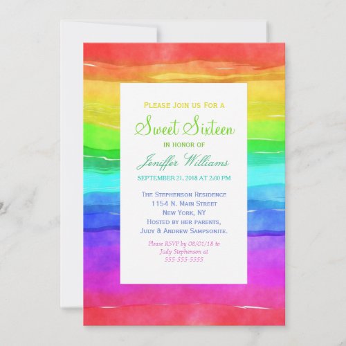 Abstract Watercolor Painted Stripes Rainbow       Invitation