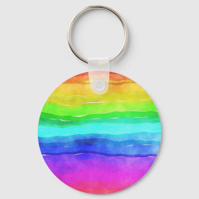 Abstract Watercolor Painted Stripes Rainbow Keychain (Front)