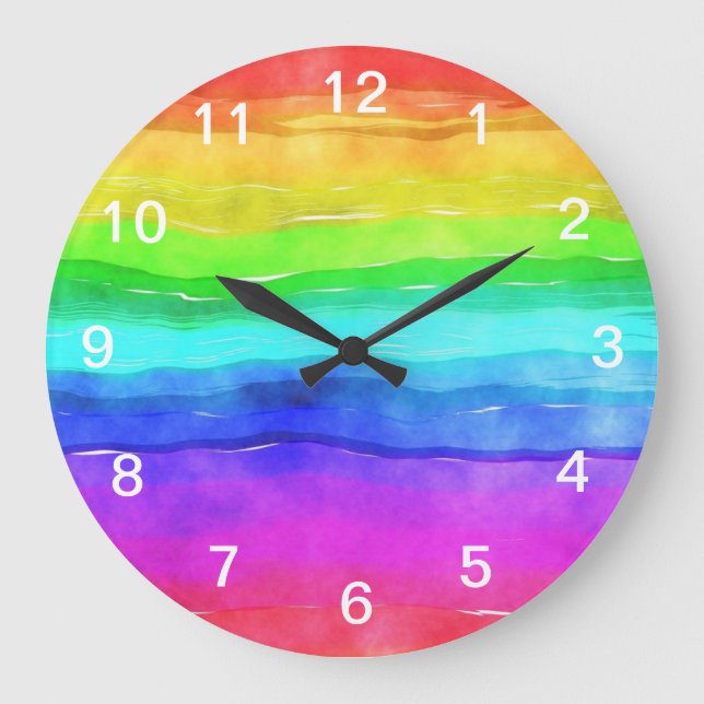 Abstract Watercolor Painted Stripes Rainbow Large Clock (Front)