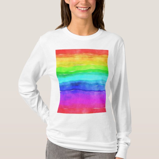 Abstract Watercolor Painted Stripes Rainbow T-Shirt (Front)