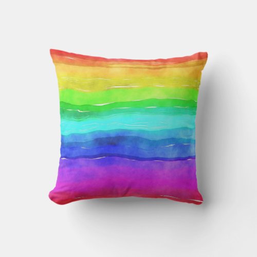 Abstract Watercolor Painted Stripes Rainbow Throw Pillow
