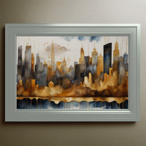 Abstract Watercolor Painting Gold Cityscape 32 Poster