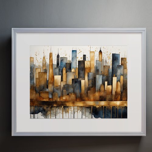 Abstract Watercolor Painting Gold Cityscape 43 Poster