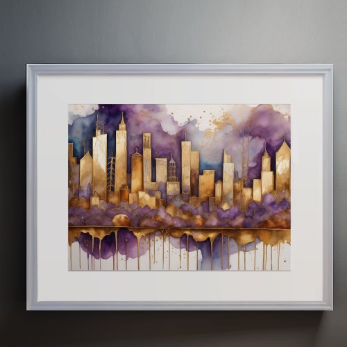 Abstract Watercolor Painting Gold Cityscape 43 Poster
