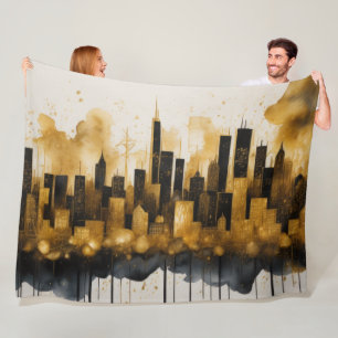 Abstract Watercolor Painting Gold Cityscape Fleece Blanket