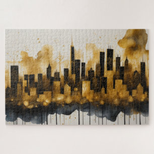 Abstract Watercolor Painting Gold Cityscape Jigsaw Puzzle