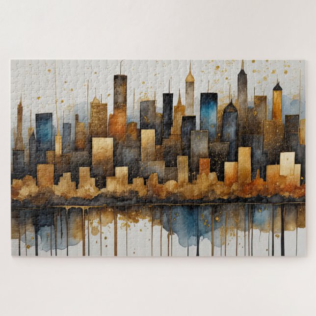 Abstract Watercolor Painting Gold Cityscape Jigsaw Puzzle (Horizontal)