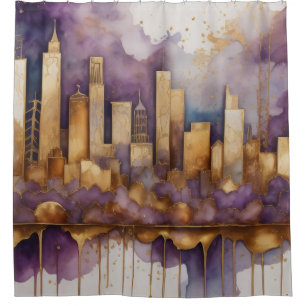 Abstract Watercolor Painting Gold Cityscape Shower Curtain