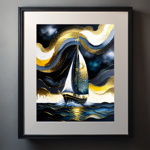Abstract Watercolor Painting Sailboat Night 4:5 Poster