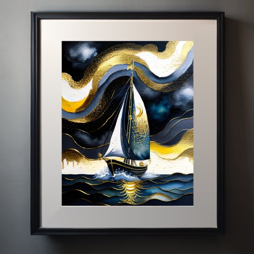Abstract Watercolor Painting  Sailboat Night 45 Poster