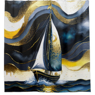 Abstract Watercolor Painting Sailboat Night Shower Curtain