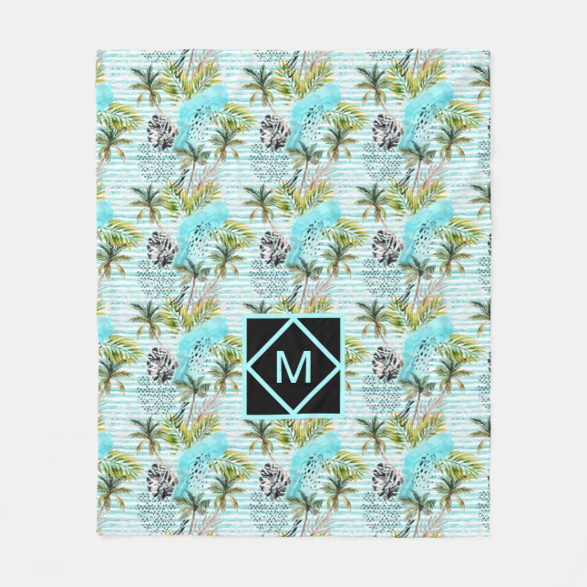 Abstract Watercolor Palm Tree Pattern Fleece Blanket (Front)