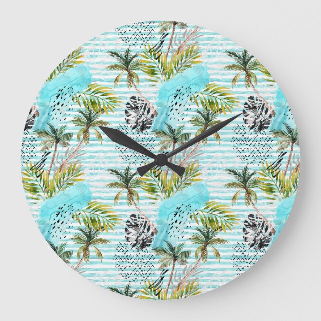 Abstract Watercolor Palm Tree Pattern Large Clock (Front)