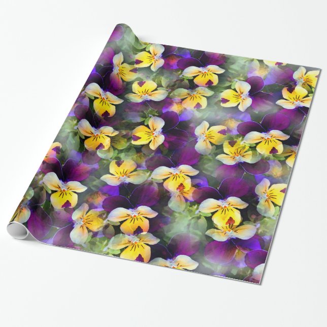 Abstract Watercolor Pansies Wrapping Paper (Unrolled)