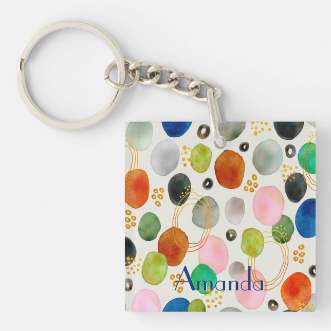 Abstract Watercolor Pebble Gold Glitter Art + Name Keychain (Front)