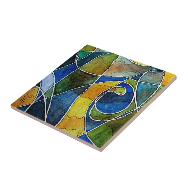 Abstract Watercolor Pen & Ink Ceramic Tile (Side)