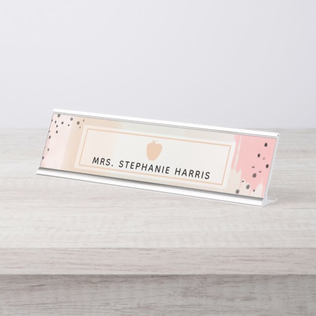 Abstract Watercolor Pink Apple Teacher Nameplate (Front)