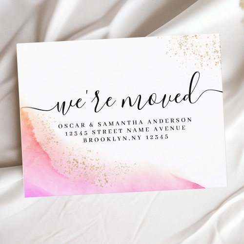 Abstract Watercolor Pink Brush Strokes  Gold   Announcement Postcard