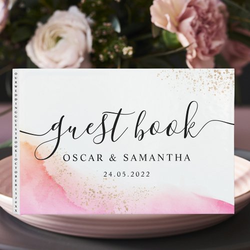 Abstract Watercolor Pink Brush Strokes  Gold   Guest Book