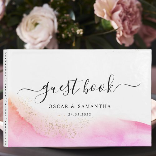 Abstract Watercolor Pink Brush Strokes  Gold   Guest Book