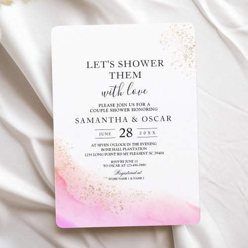 Abstract Watercolor Pink Brush Strokes  Gold   Invitation