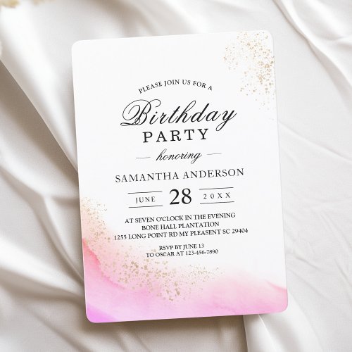 Abstract Watercolor Pink Brush Strokes  Gold   Invitation