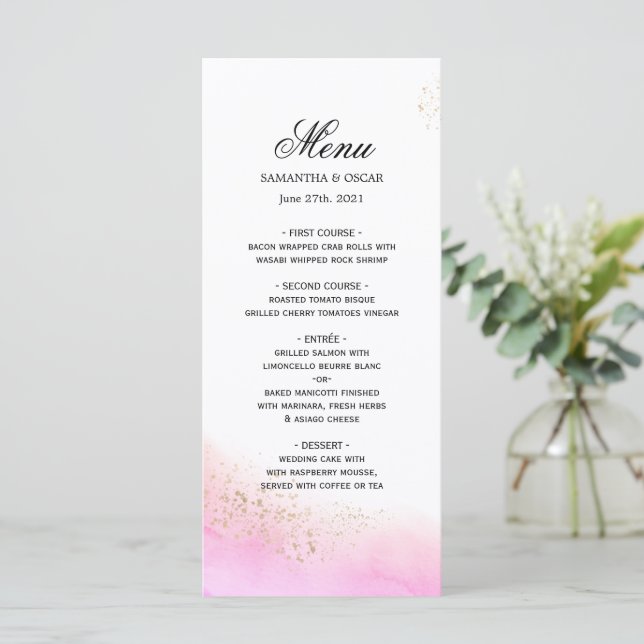 Abstract Watercolor Pink Brush Strokes & Gold   Menu (Standing Front)