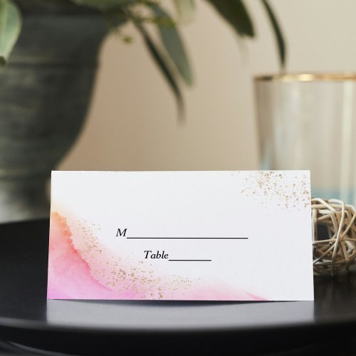Abstract Watercolor Pink Brush Strokes  Gold   Place Card