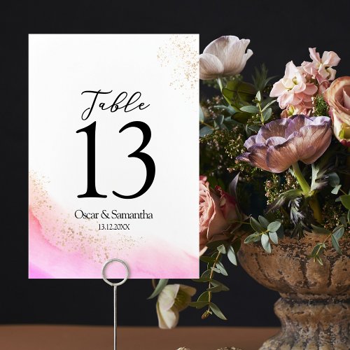 Abstract Watercolor Pink Brush Strokes  Gold   Table Number