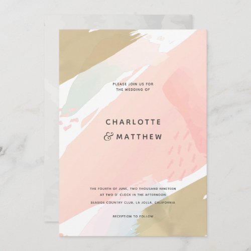 Abstract Watercolor Pink Brush Strokes Wedding Invitation