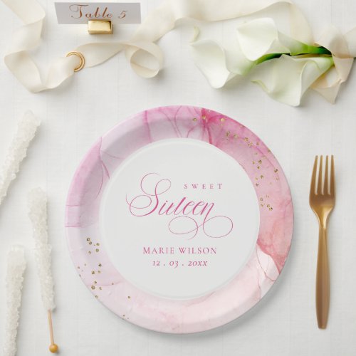 Abstract Watercolor Pink Gold Sweet Sixteen  Paper Plates