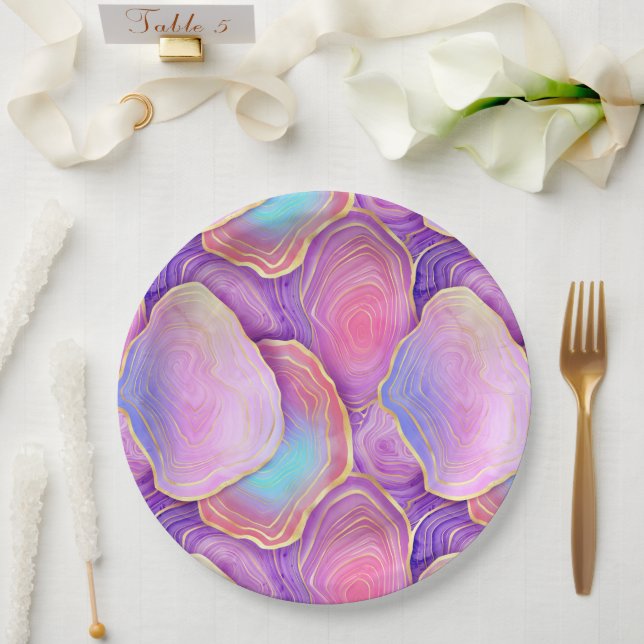 Abstract watercolor pink teal gold lavender agate paper plates (Wedding)