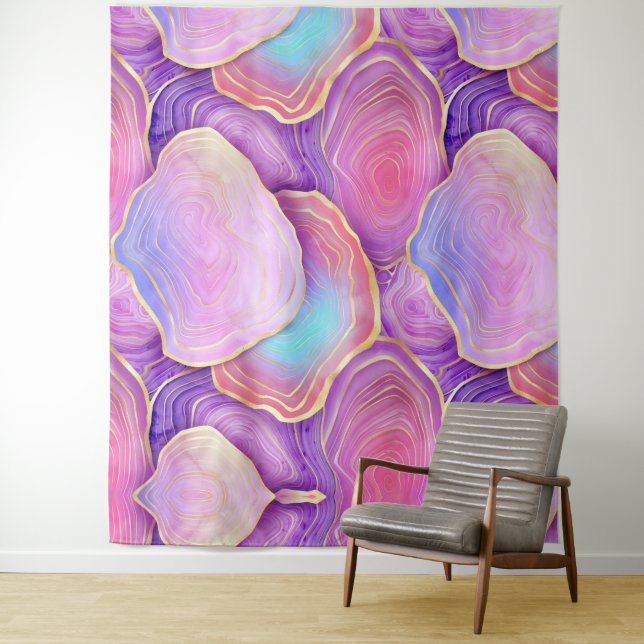 Abstract watercolor pink teal gold lavender agate tapestry (In Situ)