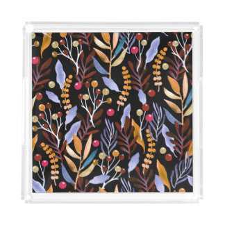 Abstract Watercolor Plants Herbs Pattern Acrylic Tray