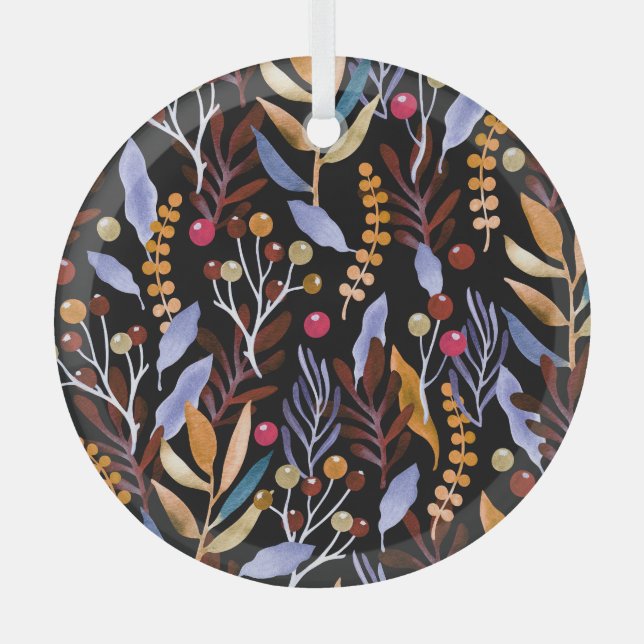 Abstract Watercolor Plants Herbs Pattern Glass Ornament (Front)