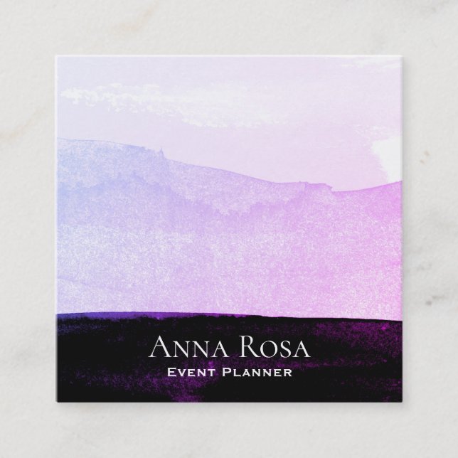 *~* Abstract Watercolor Purple Black Lavender Pink Square Business Card (Front)